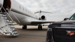 chauffeur greeting Teterboro airport car service client at FBO ramp
